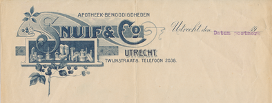 712075 Briefhoofd van een aanbevelingsbrief van Snuif & Co, Apotheek-Benoodigdheden, Twijnstraat 8 te Utrecht.